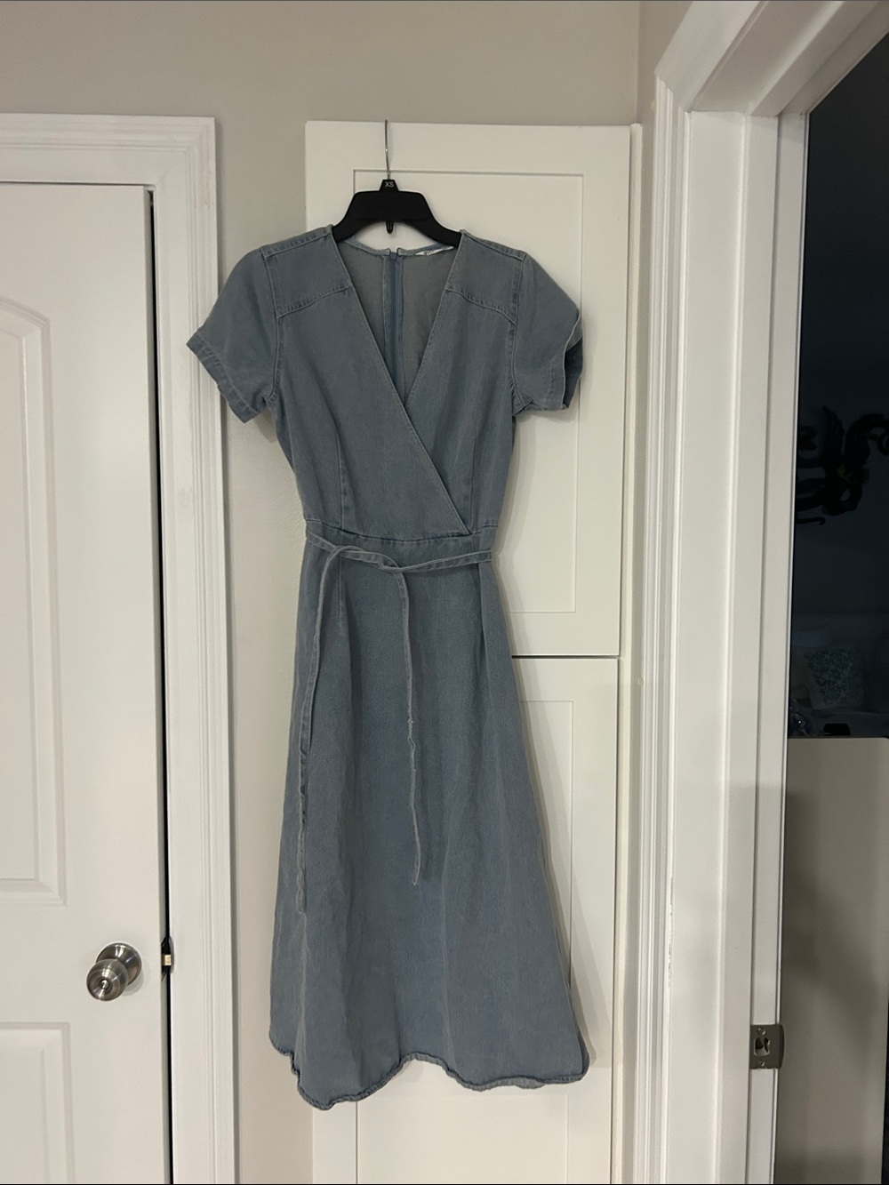 V-Neck Midi Wrap Dress in Dusty Blue Denim